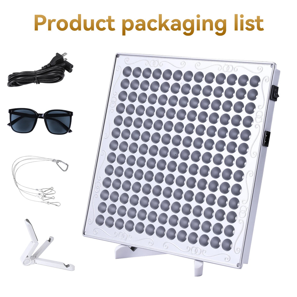 45W LED panel with circular light sources, sunglasses, power cord, and stand for red light therapy.