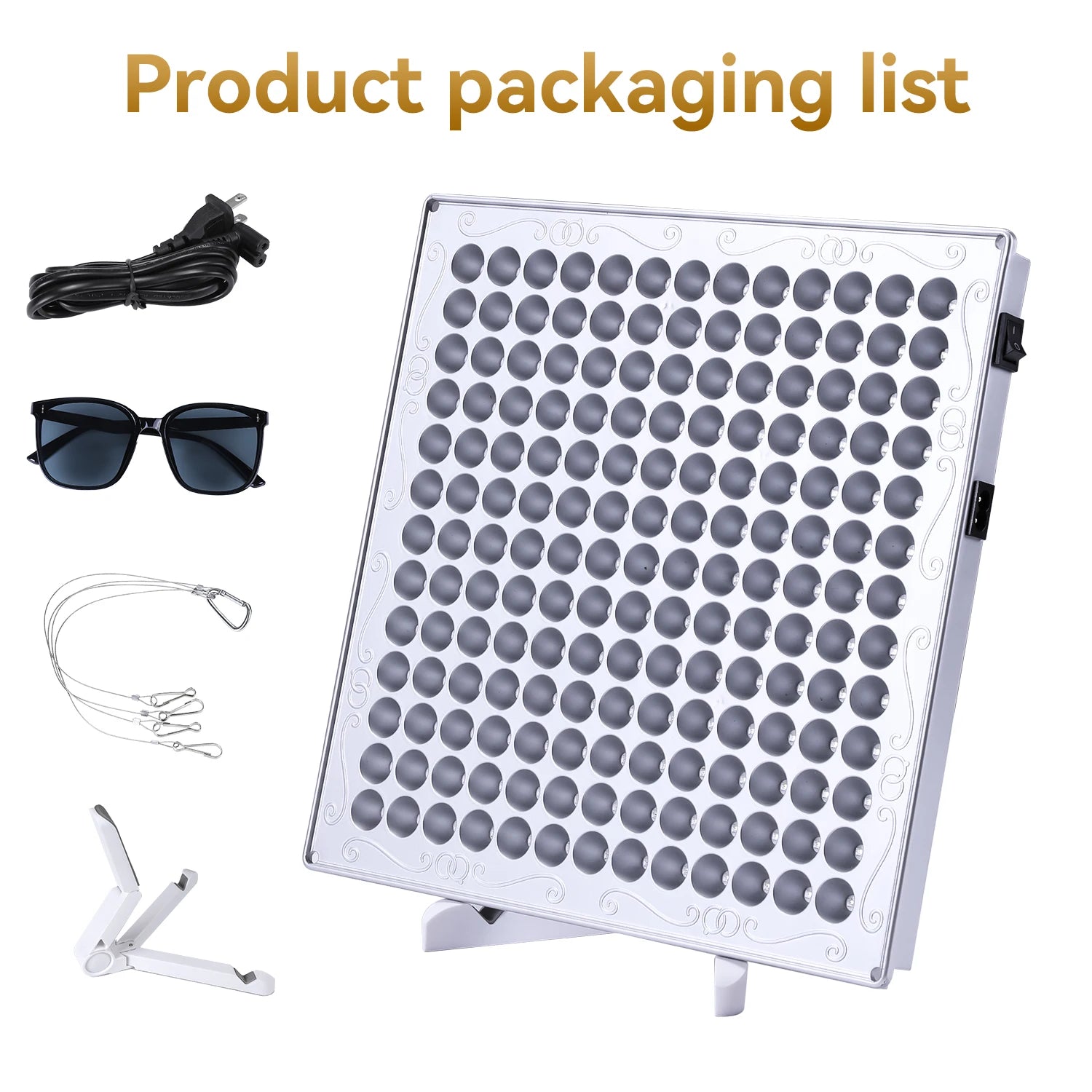 45W LED panel with circular light sources, sunglasses, power cord, and stand for red light therapy.