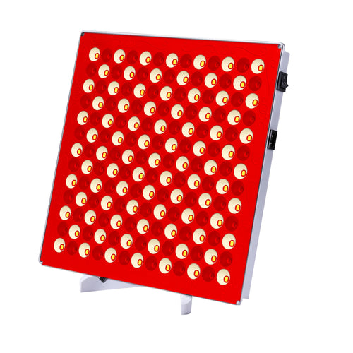 Square LED panel with red and white lights on a stand for therapeutic use, designed for skin beauty and pain relief.