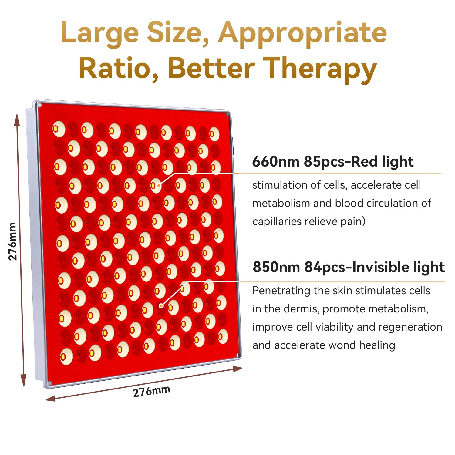 Rectangular LED panel featuring a grid of red and near-infrared lights for skin therapy and pain relief.