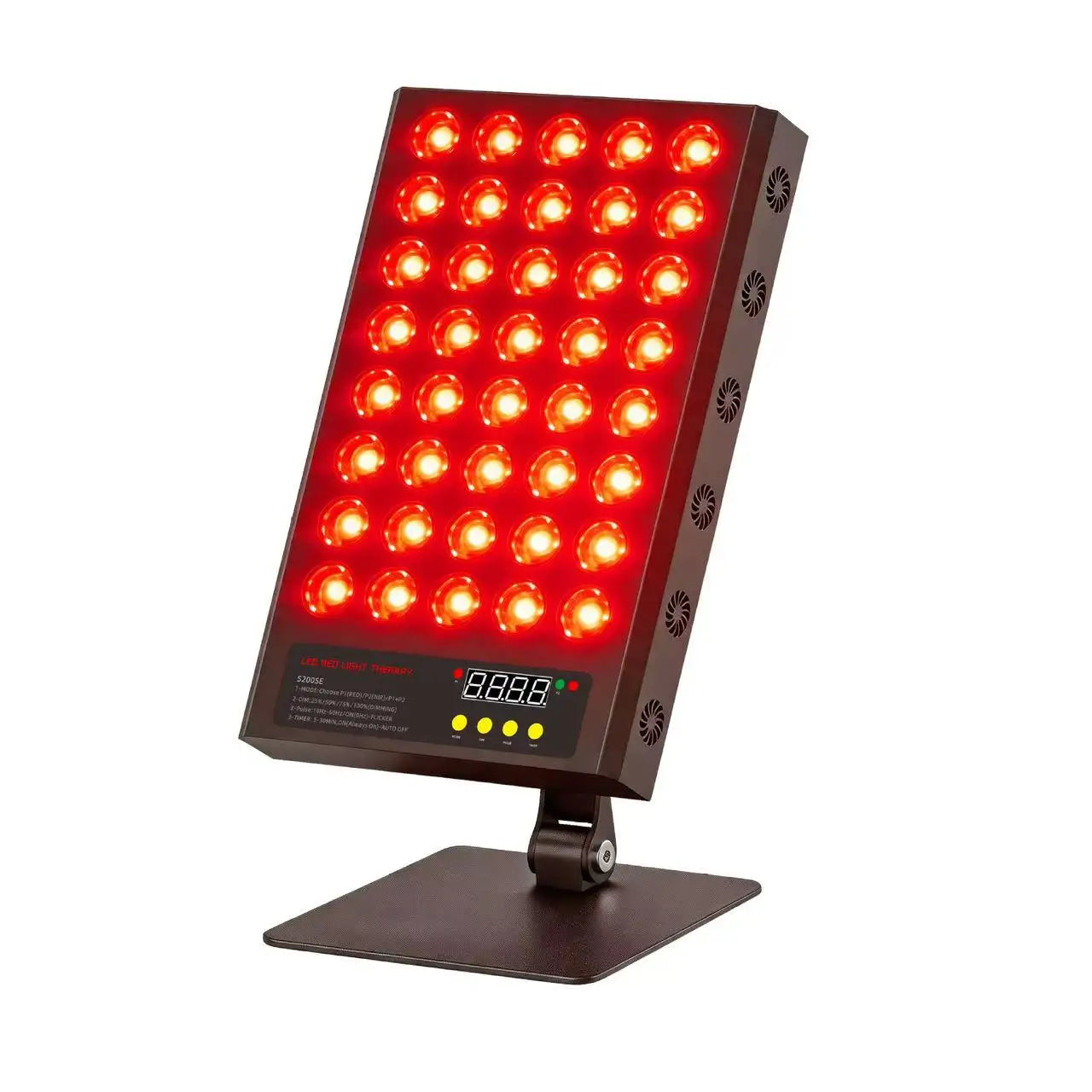 Rectangular LED therapy panel with multiple red lights, adjustable stand, and digital display for skin care treatments.