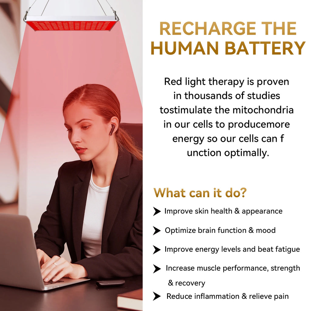 Red light therapy panel in use at a desk, highlighting benefits for skin health and inflammation reduction.
