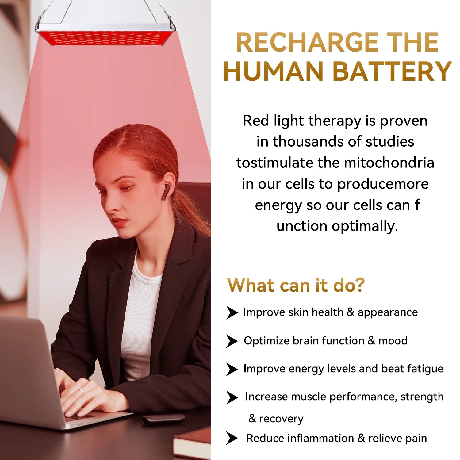 Red light therapy panel in use at a desk, highlighting benefits for skin health and inflammation reduction.