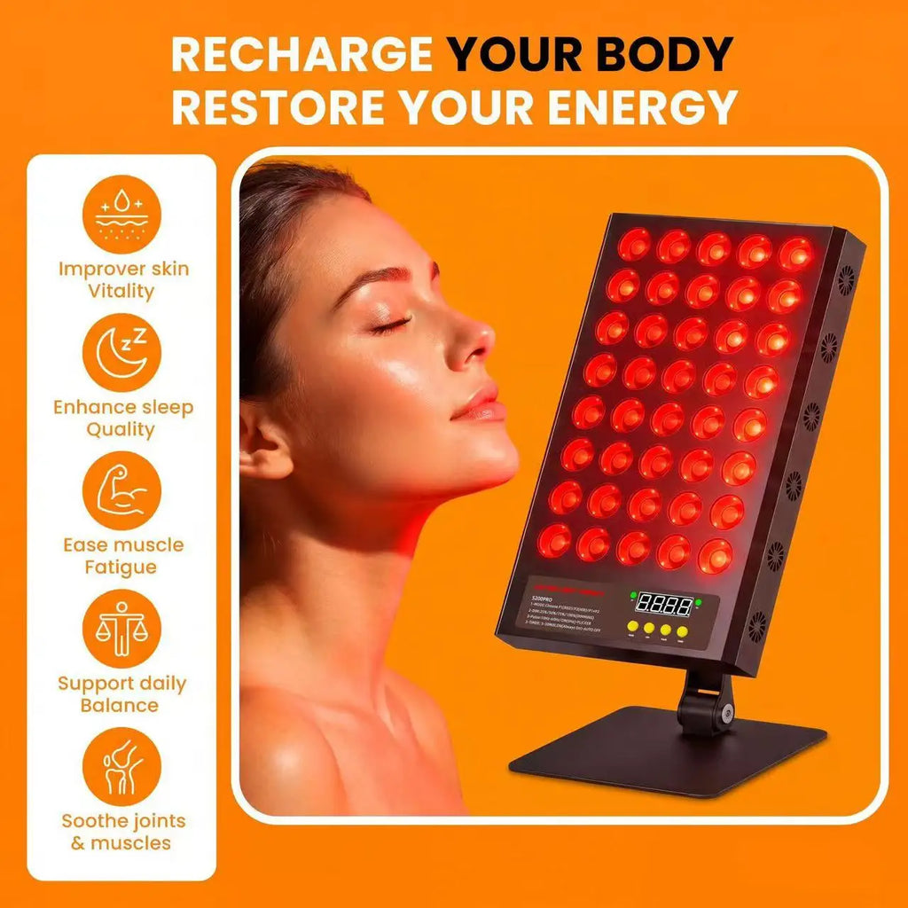 Therapy panel with red LED lights and digital display, adjustable stand, used for skin care treatment.