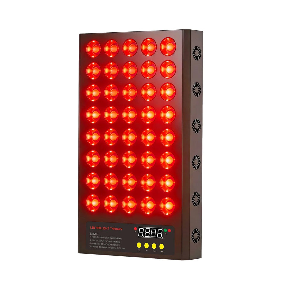 Rectangular LED therapy panel with multiple red lights, featuring a digital display and control buttons for skin care.