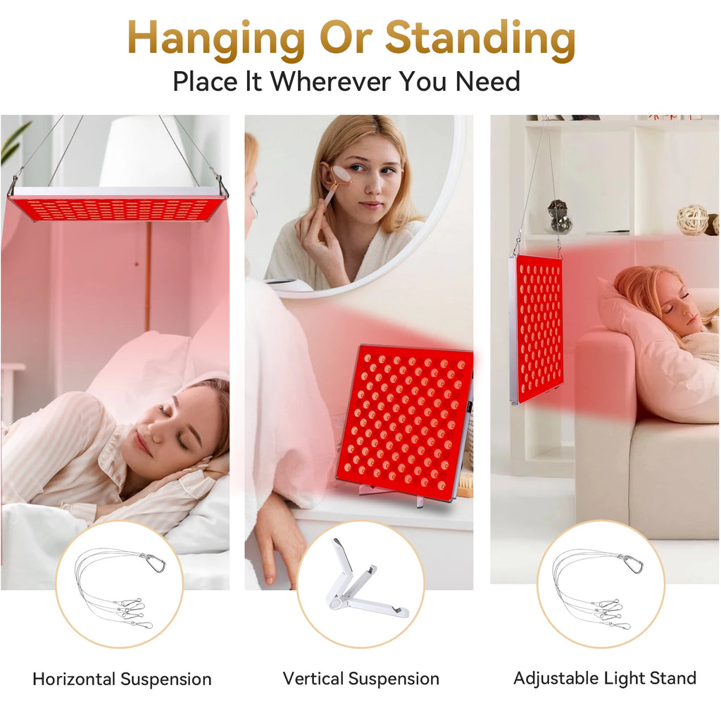 45W LED panel for red light therapy, featuring a red light display, adjustable stand, suitable for home use.