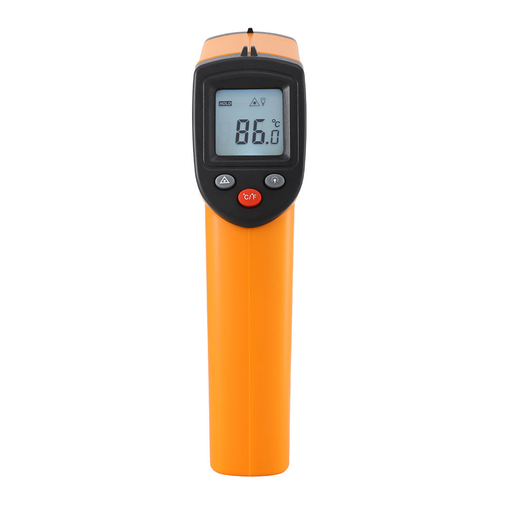 Digital thermometer with orange body, black accents, and a display showing 86.0°F temperature reading.