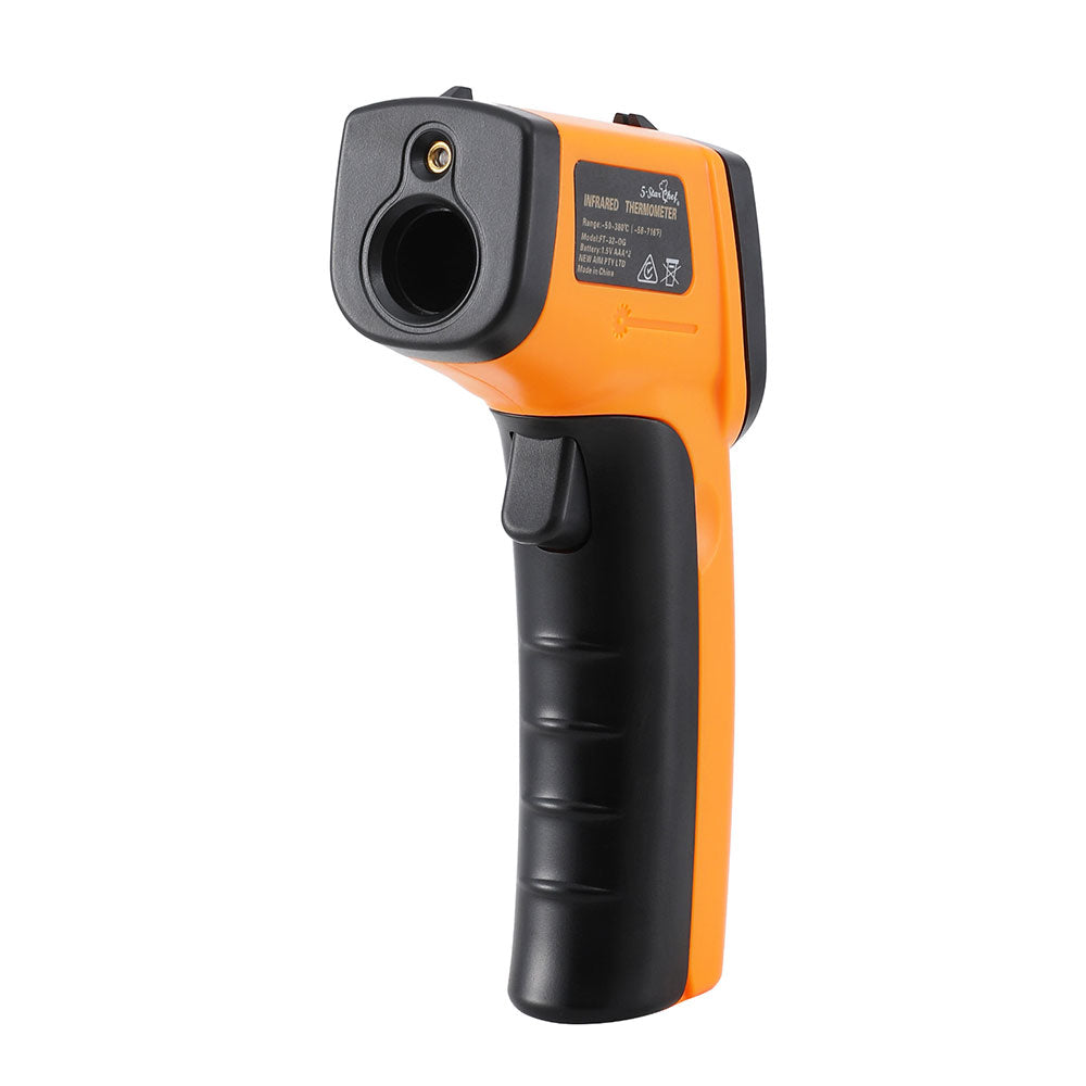 Handheld black and orange digital infrared thermometer with trigger and display for precise temperature measurement.
