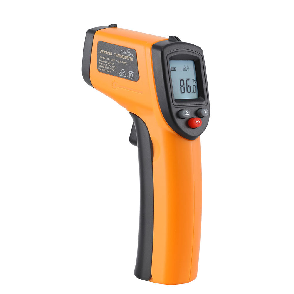 Handheld 5-Star Chef digital infrared thermometer in orange and black, displaying a temperature reading of 86.0°F.