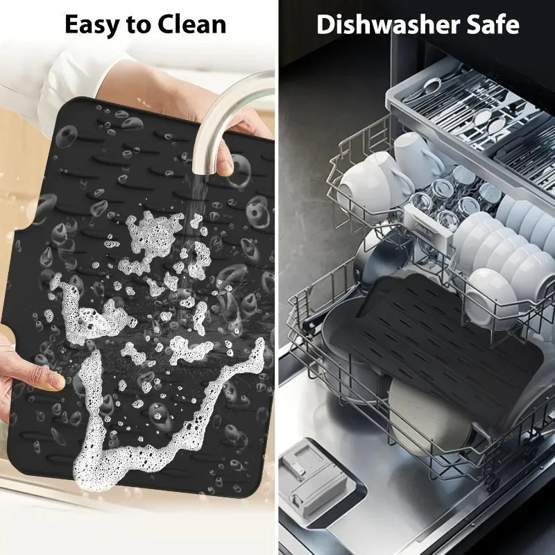 EasyDry Mat with sloped design and drainage spout, positioned under a running faucet, showing water flowing into the sink.