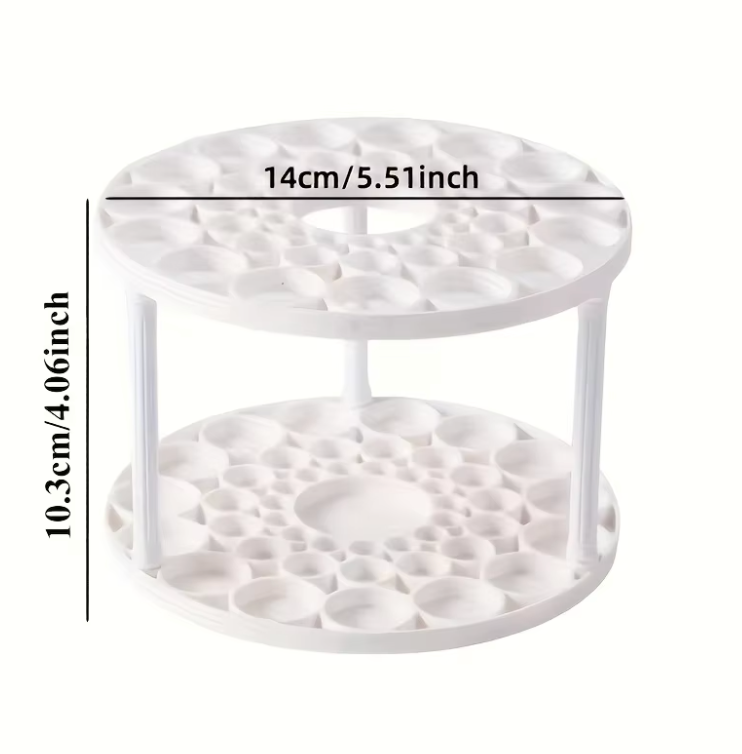 Two-tiered 360° Rotating Brush Holder with multiple compartments for organizing art brushes, pens, and makeup tools.