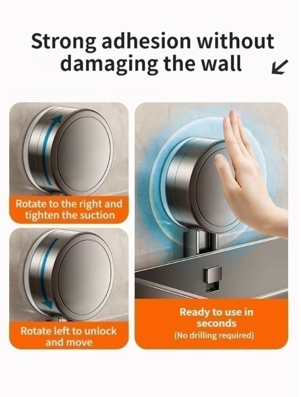 Instructions for using the QuickStore Suction Shower Caddy, highlighting strong adhesion and no drilling required.