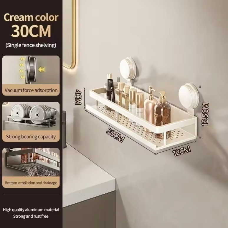 Suction shower caddy mounted on a smooth surface, featuring multiple compartments and large suction cups for secure storage.