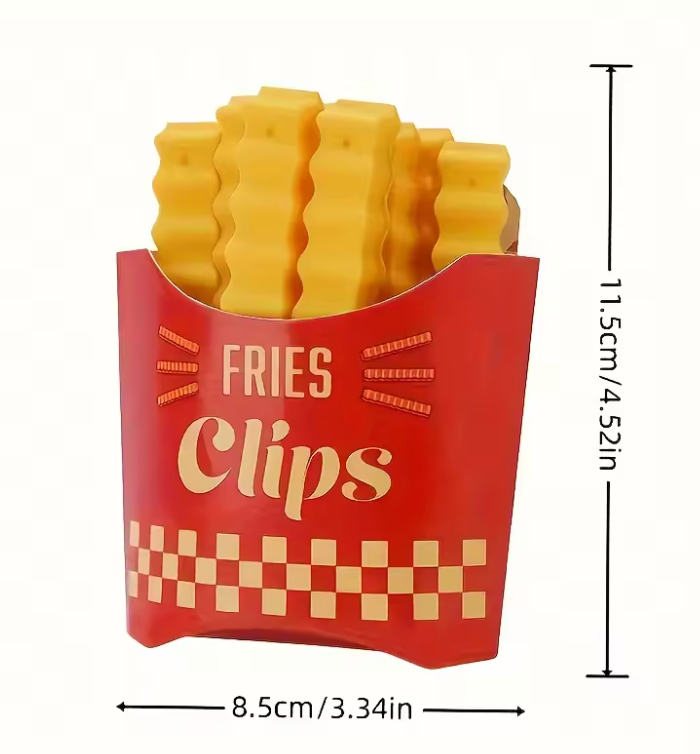 Set of French Fry Bag Clips in a red container with a checkered pattern for sealing food packets.