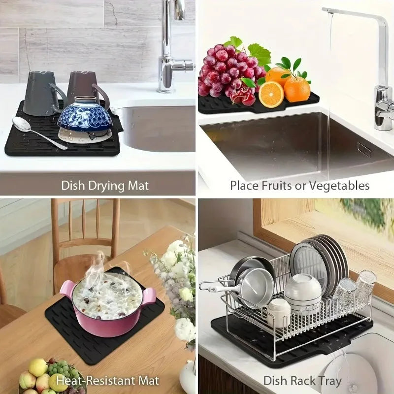 Drying mat with sloped design near a sink, showcasing its use for drying dishes and serving as a heat-resistant surface.