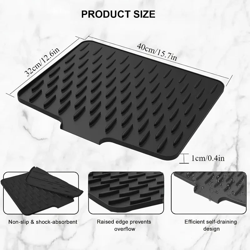 Black EasyDry Mat with sloped design, raised ridges, drainage spout, and non-slip surface for mess-free kitchen drying.