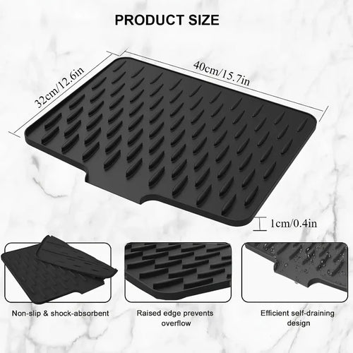 Black EasyDry Mat with sloped design, raised ridges, drainage spout, and non-slip surface for mess-free kitchen drying.