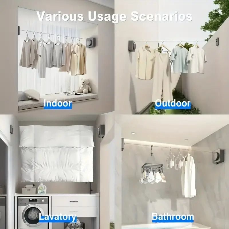 Wall-mounted clothes hanging line in various settings, showcasing its versatility for indoor and outdoor laundry use.