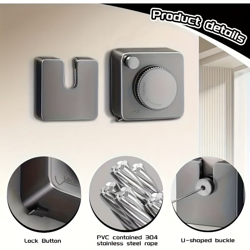 Wall-mounted clothes hanging line featuring a lock button, U-shaped buckle, and sleek modern design.
