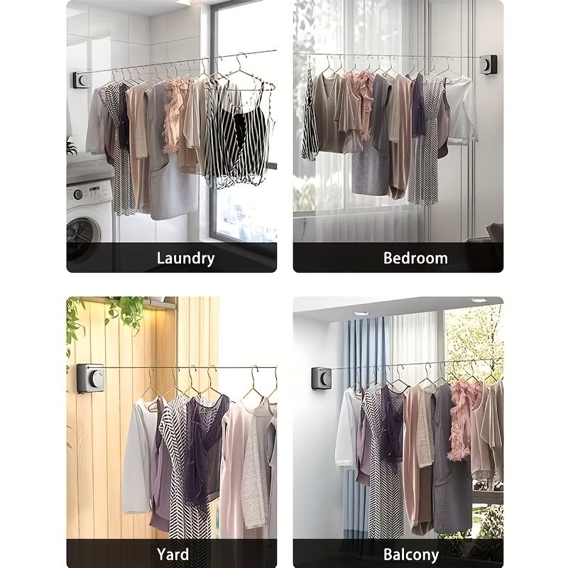 Wall-mounted clothes hanging line in various settings, showcasing its versatility for laundry, bedroom, yard, and balcony use.