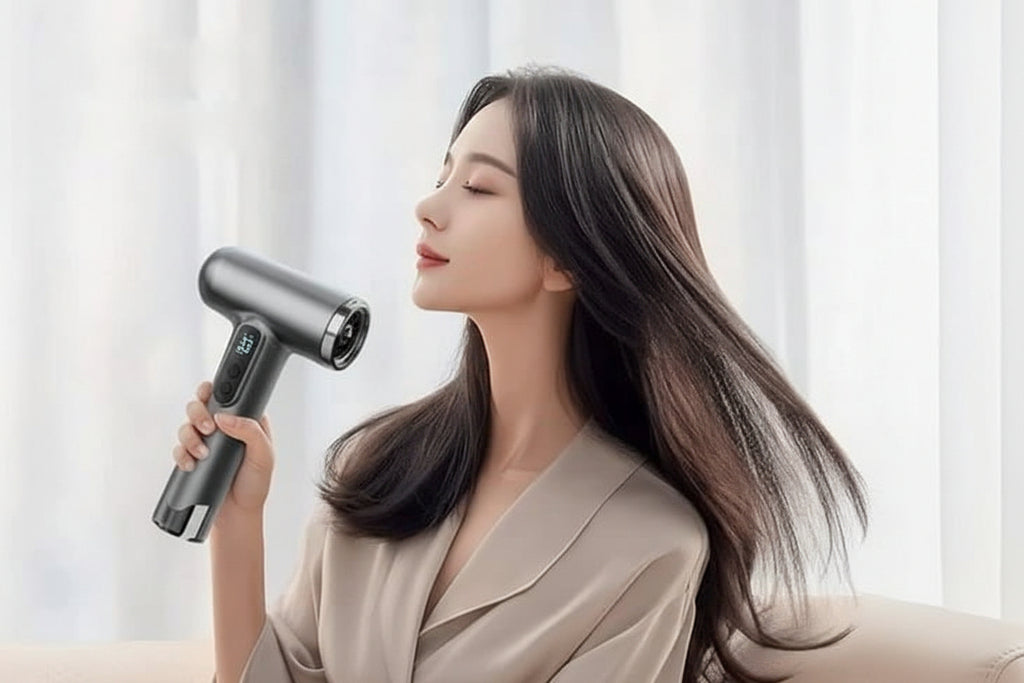 User holding a sleek Wireless Charging Hair Dryer while styling long hair.