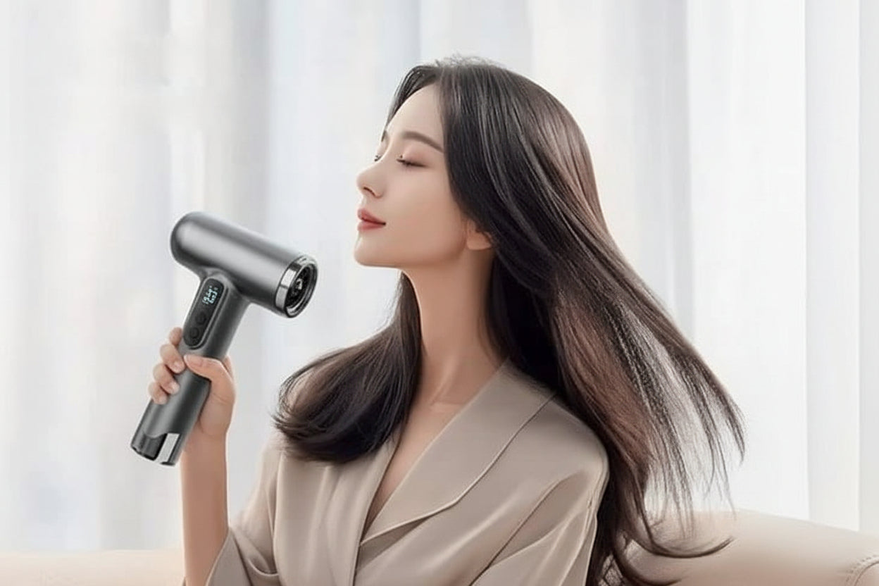 User holding a sleek Wireless Charging Hair Dryer while styling long hair.