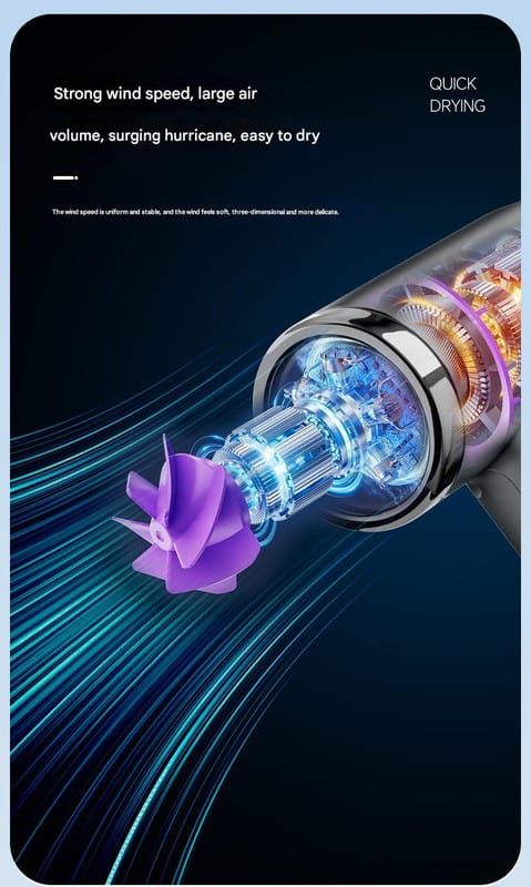 Hair dryer showcasing a visible motor and fan design, emphasizing strong airflow for quick drying.