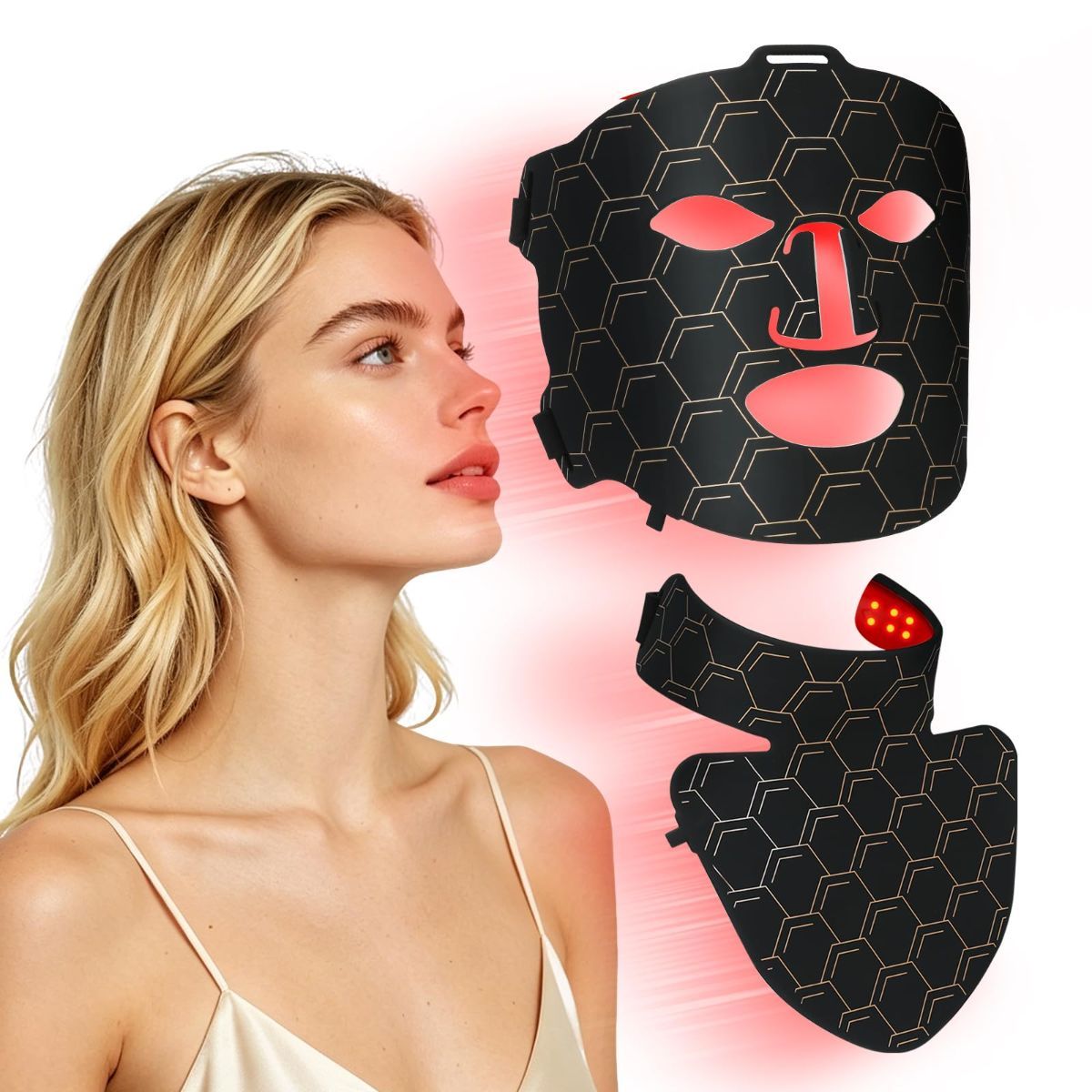 Woman wearing a red light therapy mask covering her face and neck, featuring multiple LED lights and adjustable straps.