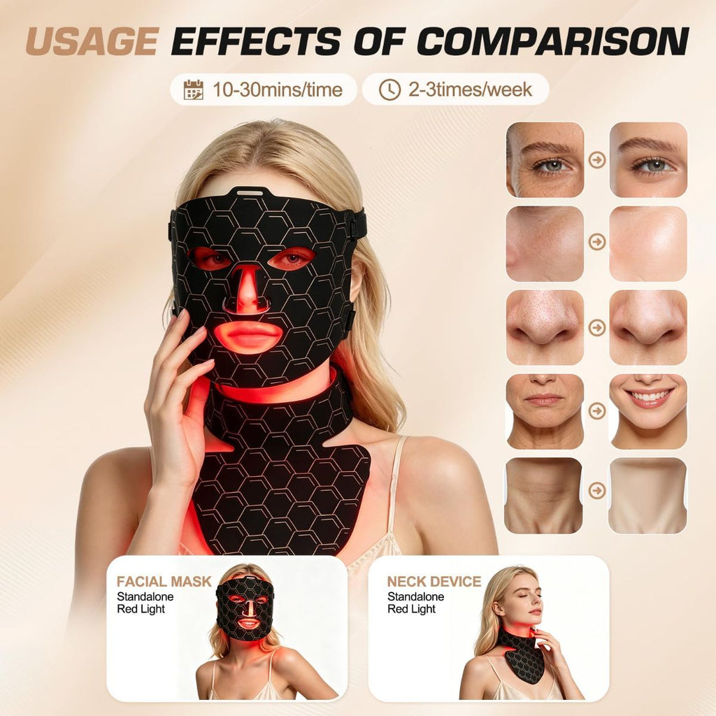 Person wearing a red light therapy mask with a honeycomb design, showcasing visible LED lights for skincare.