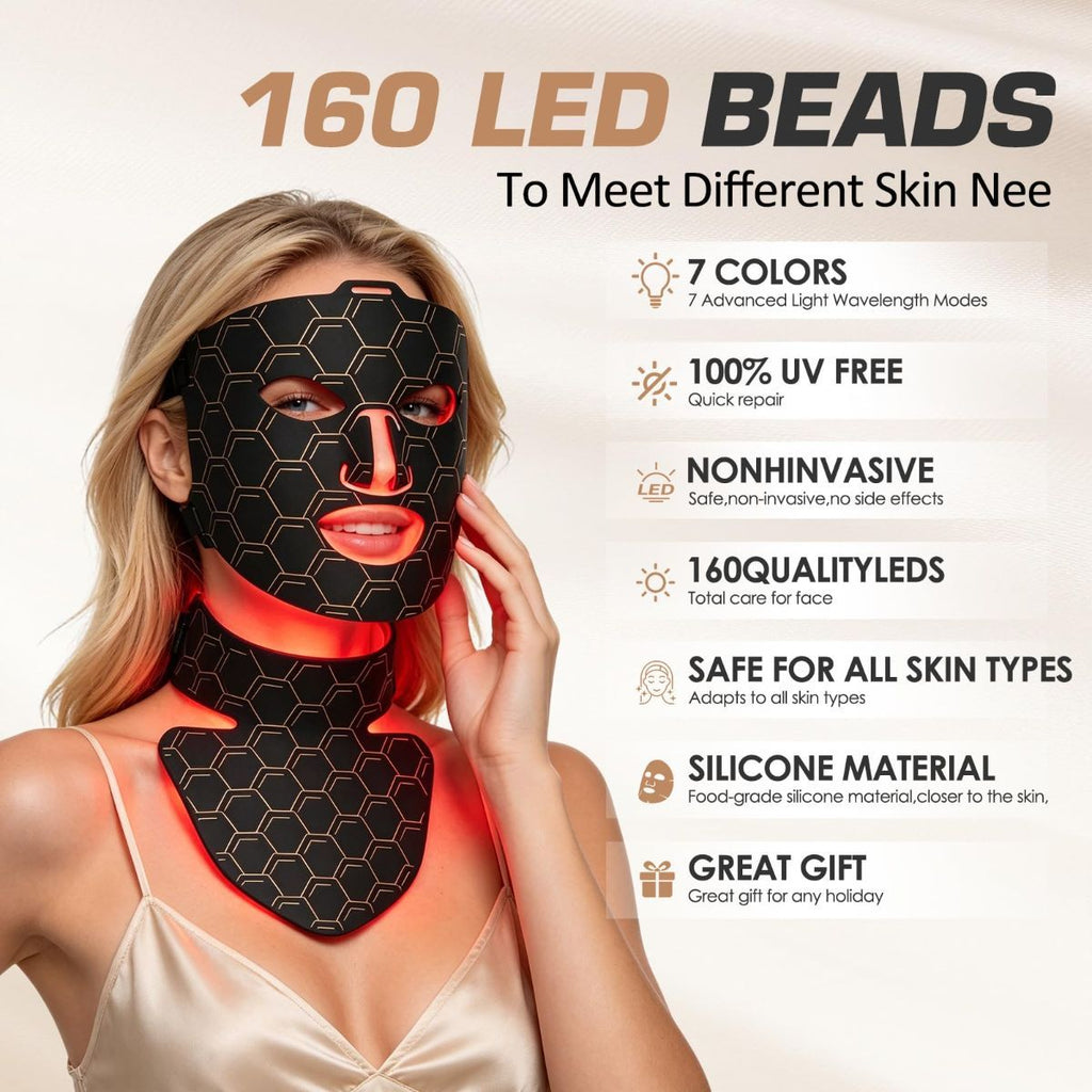Facial mask for red light therapy with 160 LED beads, full-coverage design for face and neck, includes remote control.