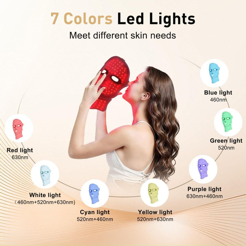Red light therapy mask held by a person, showcasing multiple LED light colors for skincare.