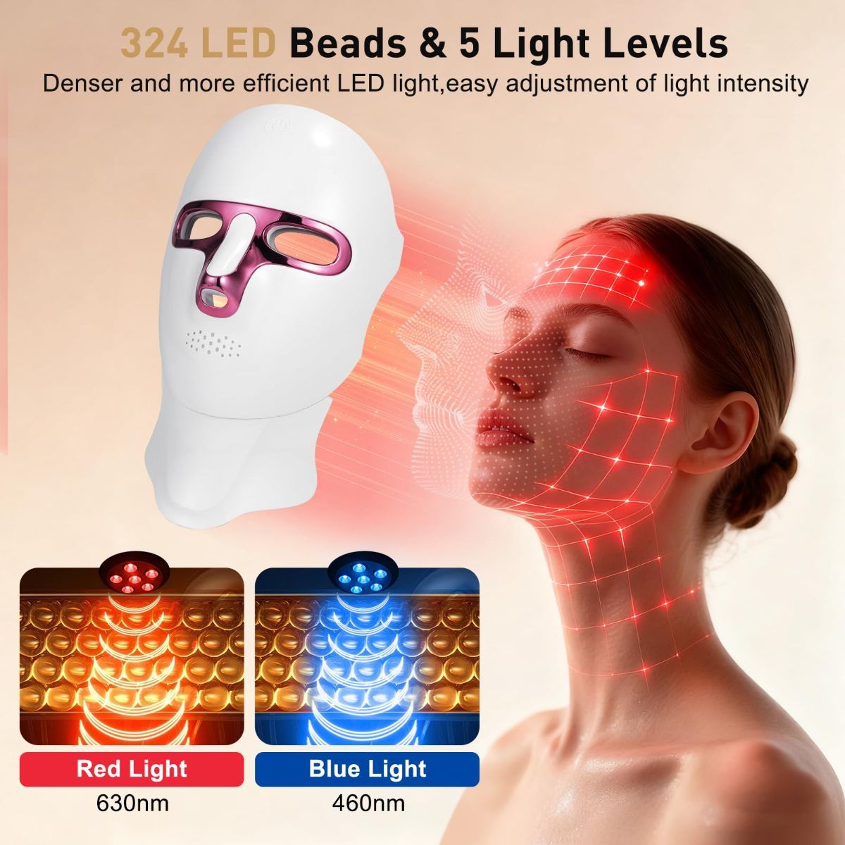 Model wearing a white and pink Red Light Therapy Mask with visible LED beads, showcasing light levels and intensity adjustments.