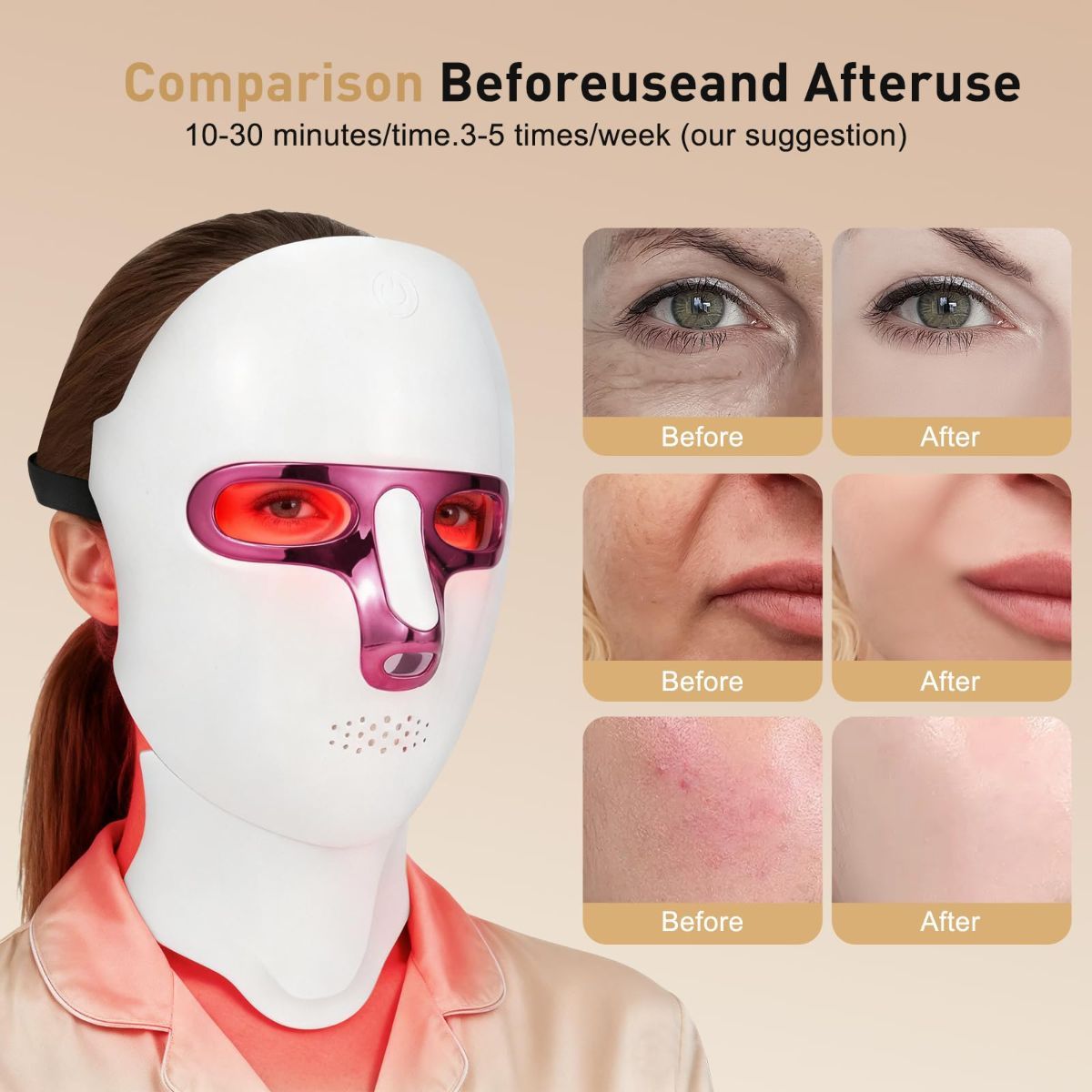 Red light therapy mask for face and neck with eye openings, showcasing before and after skin improvement.