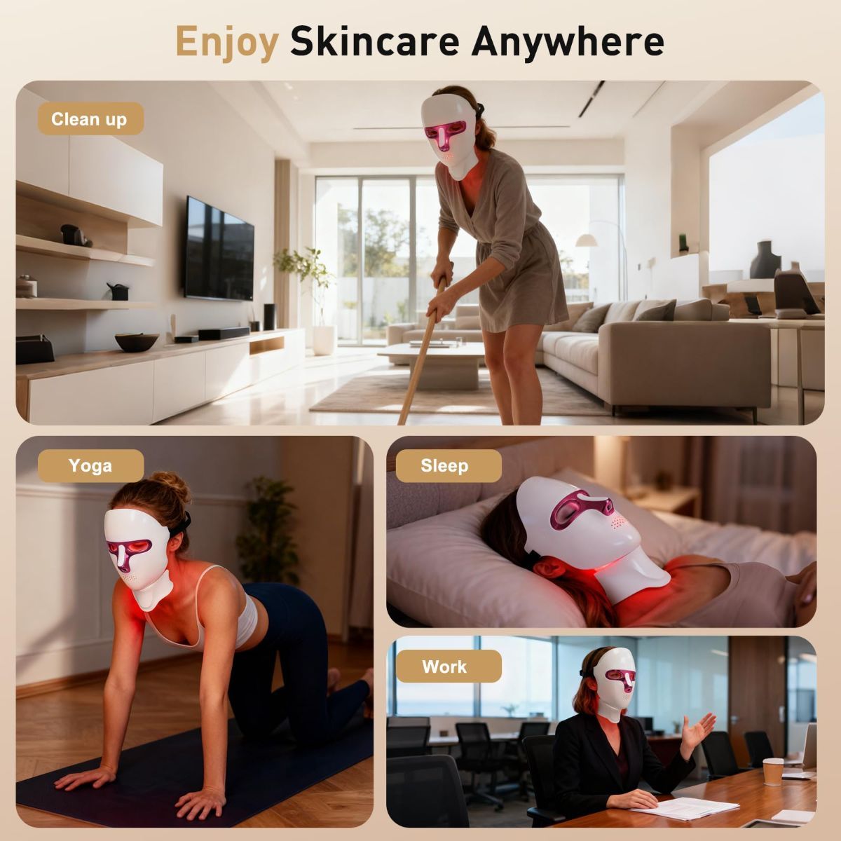 Red light therapy mask in pink and white design, used during yoga, relaxation, and daily activities for skincare.