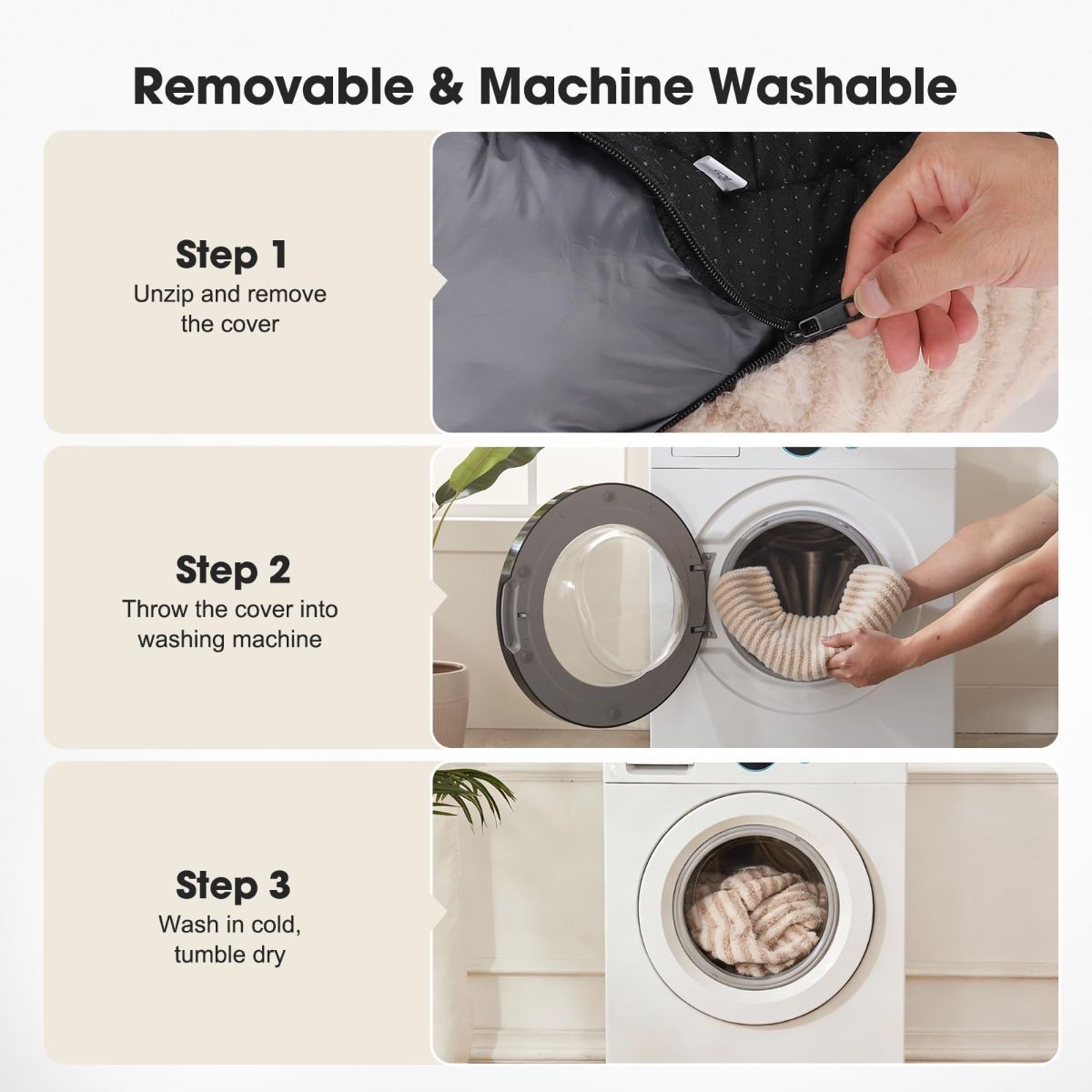 Step-by-step guide for washing the Soft Striped Dog Bed cover.