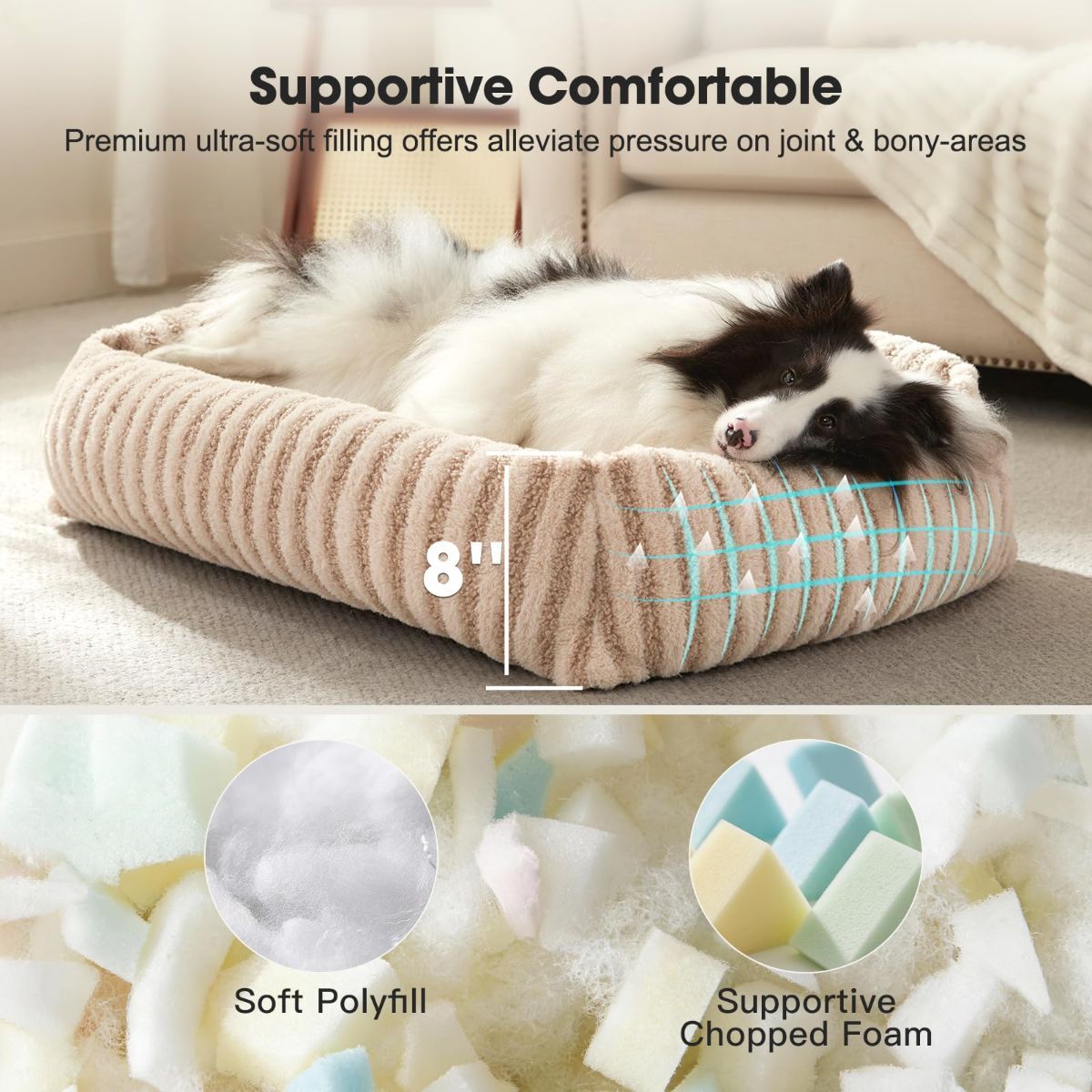 Soft striped dog bed in white with a plush surface, featuring a dog resting comfortably on it.