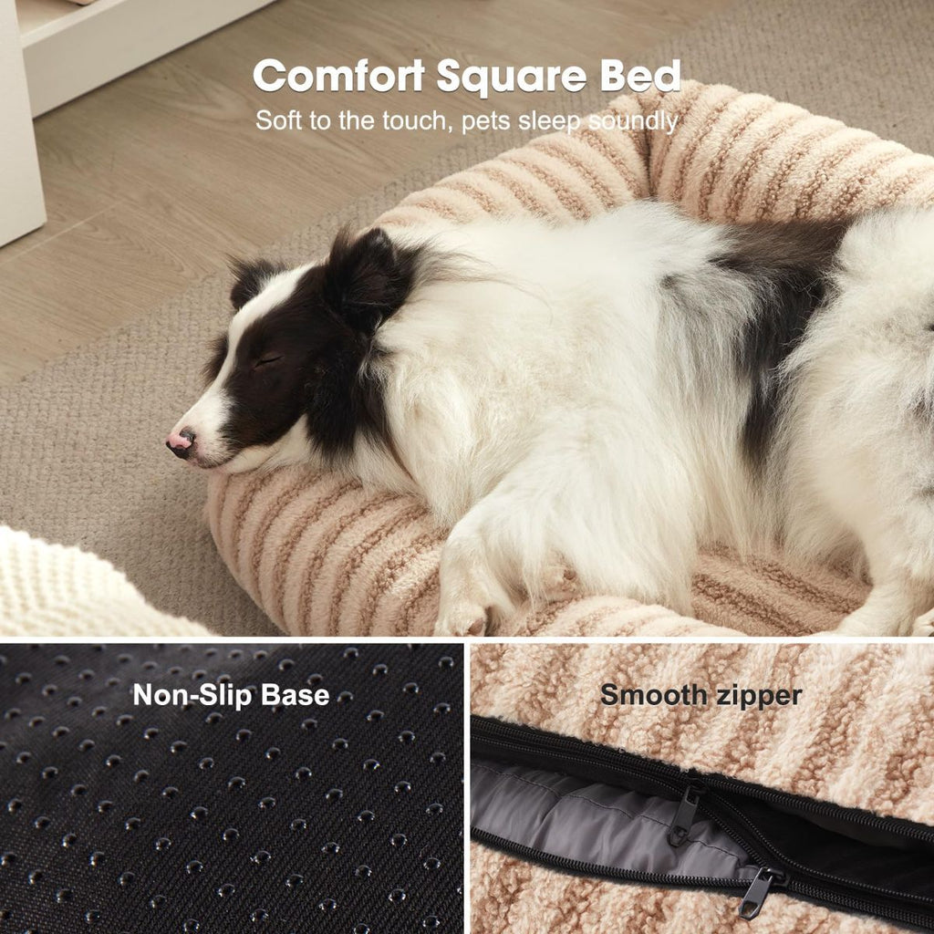 Soft dog bed with a textured surface, square shape, and a dog resting comfortably on it.