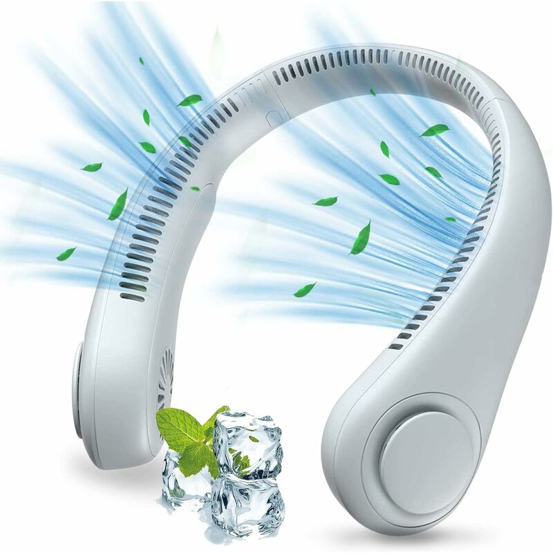 Bladeless portable neck fan with ergonomic design, featuring buttons for operation and visual airflow effects.