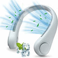Bladeless portable neck fan with ergonomic design, featuring buttons for operation and visual airflow effects.