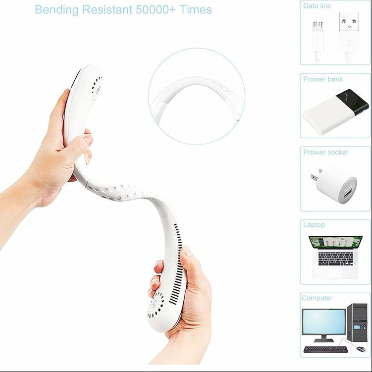 Person holding a portable neck fan with a flexible, bladeless design and USB charging capability.