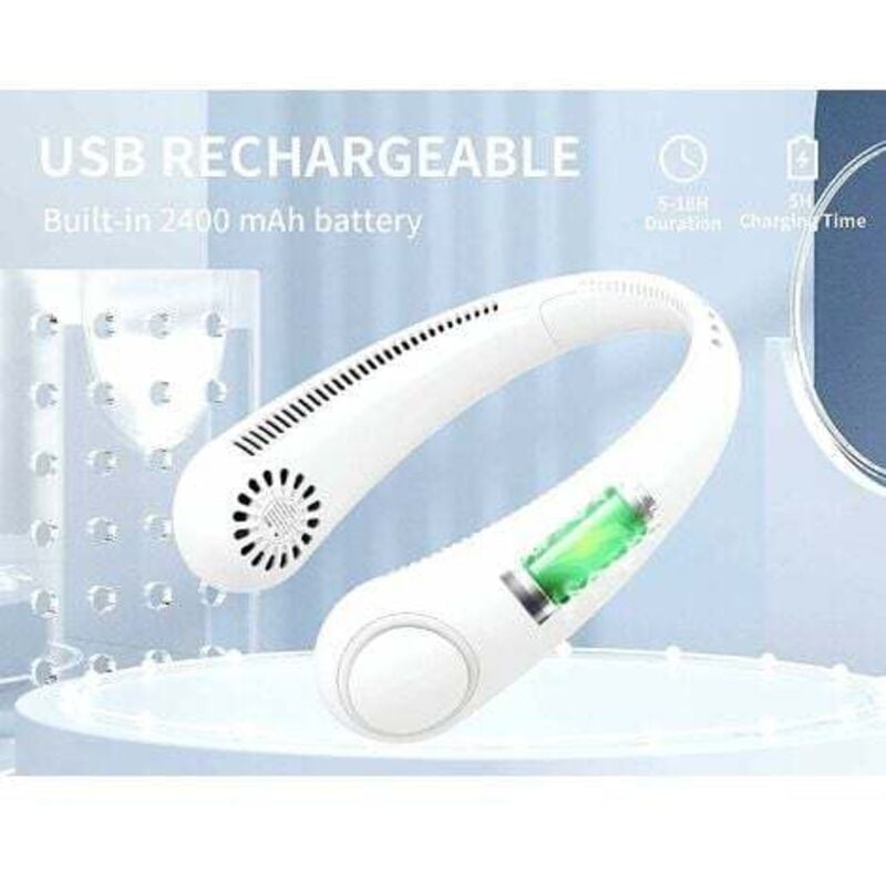 Bladeless USB neck fan with ergonomic design and built-in battery indicator for hands-free cooling.