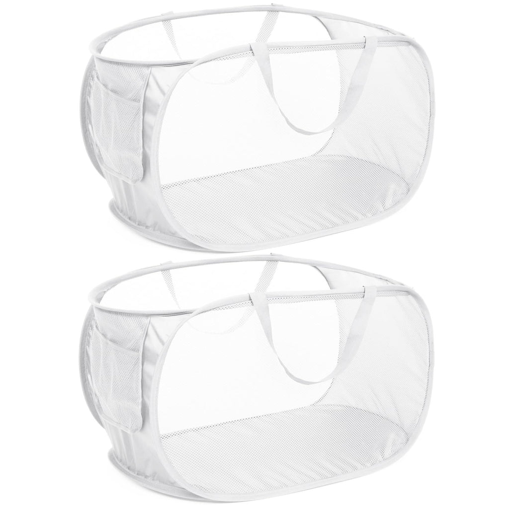 Two white collapsible laundry hampers with mesh design and reinforced carry handles, shown in an open position.