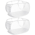 Two white collapsible laundry hampers with mesh design and reinforced carry handles, shown in an open position.