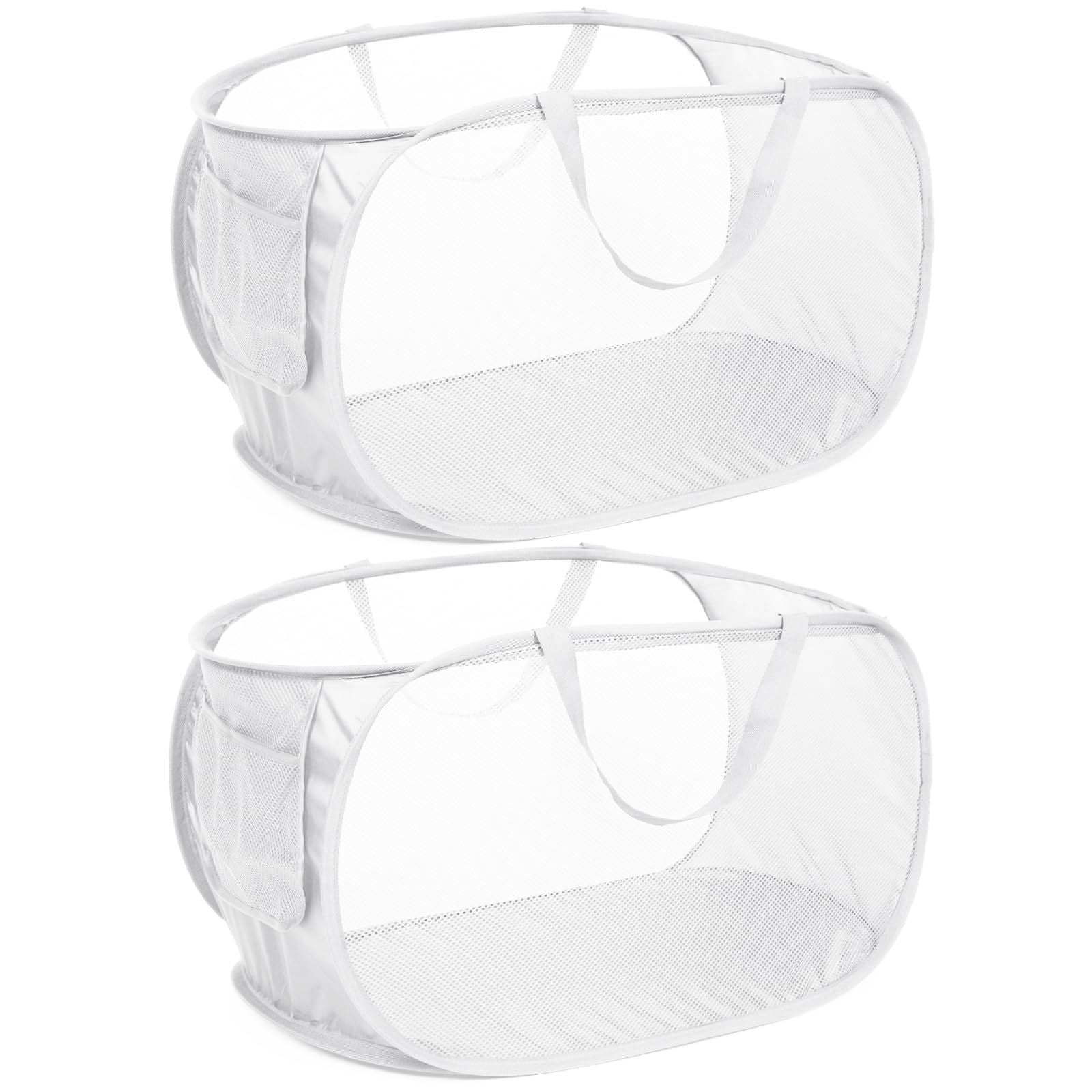 Two white collapsible laundry hampers with mesh design and reinforced carry handles, shown in an open position.