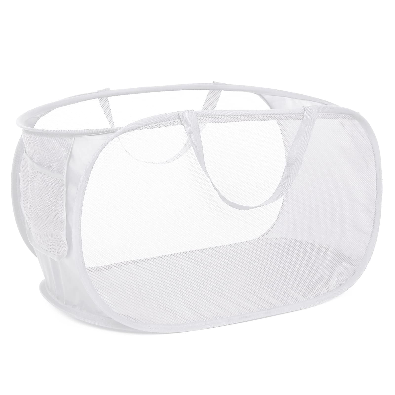 White collapsible laundry hamper with mesh design and reinforced carry handles for easy transport and air circulation.