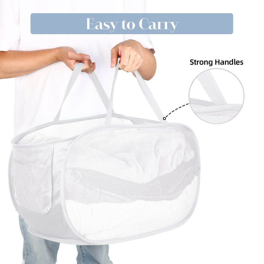 Collapsible laundry hamper with strong carry handles, lightweight design, and mesh visibility of contents.