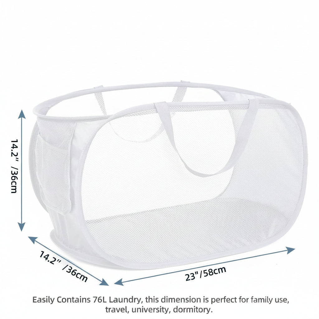 Two white collapsible laundry hampers with reinforced carry handles and mesh design.