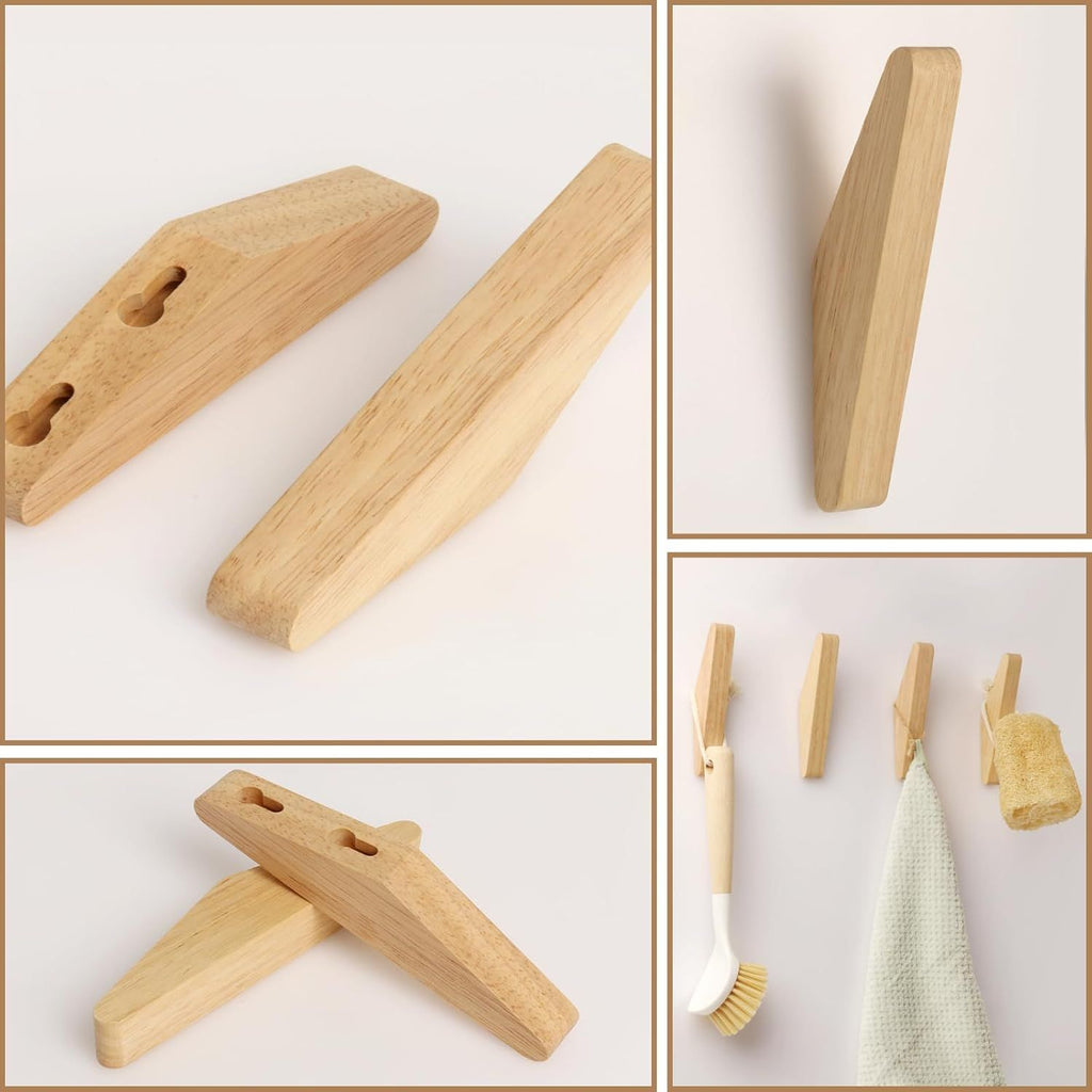 Natural wooden wall hooks in a 4 pack, featuring a triangular shape with items like a towel and brush hanging.