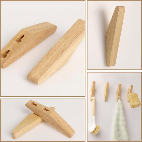 Natural wooden wall hooks in a 4 pack, featuring a triangular shape with items like a towel and brush hanging.