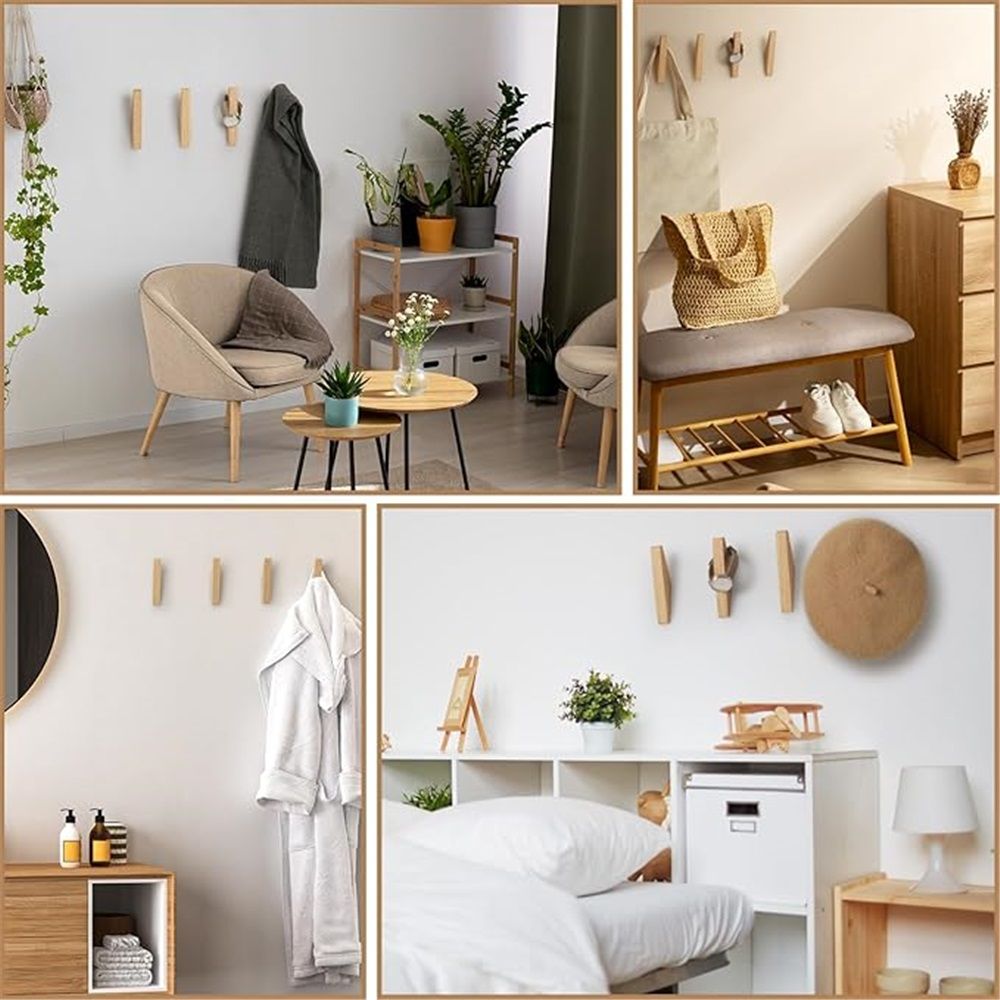 Wooden wall hooks mounted in a modern home setting, enhancing decor and organization.
